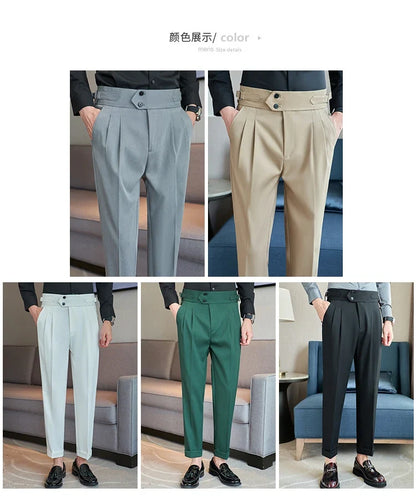 British Style Autumn New High Waist Trousers Men Belt Design Slim Fit Suit Pants Office Social Wedding Party Formal Pants Hommes