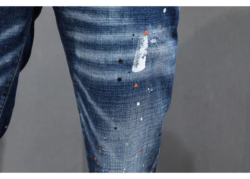 Fashion Designer Men Jeans Retro Blue Stretch Slim Fit Painted Ripped Jeans Men Korean Style Vintage Casual Denim Pants Hombre