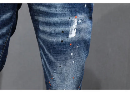Fashion Designer Men Jeans Retro Blue Stretch Slim Fit Painted Ripped Jeans Men Korean Style Vintage Casual Denim Pants Hombre