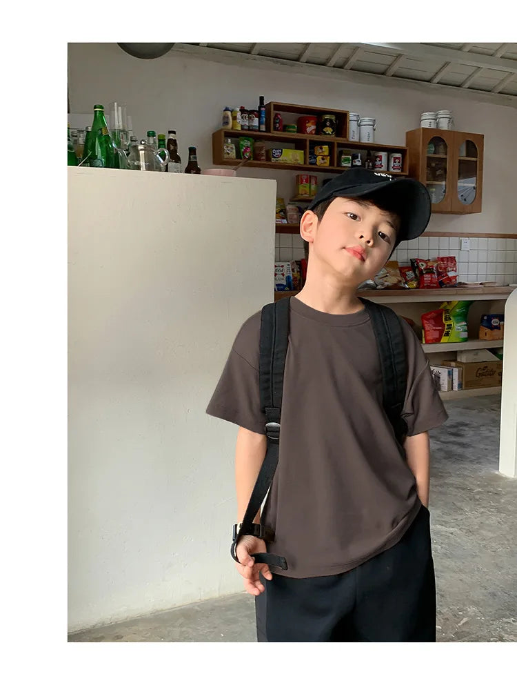Summer Casual School Kids Cotton Plain Tee Tops Baby and Boys Short-Sleeved T-Shirt Children Outfit Clothing 1-16 Years