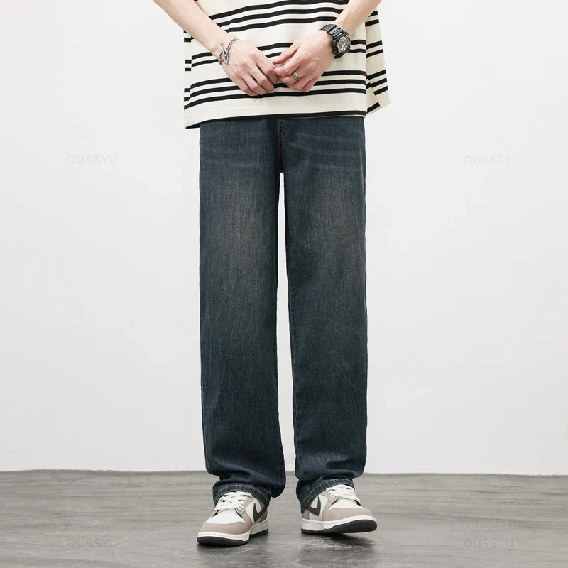 Spring Autumn High Quality Soft Lyocell Fabric Jeans Men Loose Wide Leg Pants Elastic Waist Casual Trousers Plus Size 28-40