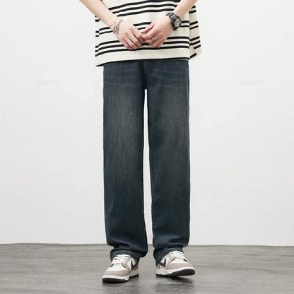 Spring Autumn High Quality Soft Lyocell Fabric Jeans Men Loose Wide Leg Pants Elastic Waist Casual Trousers Plus Size 28-40