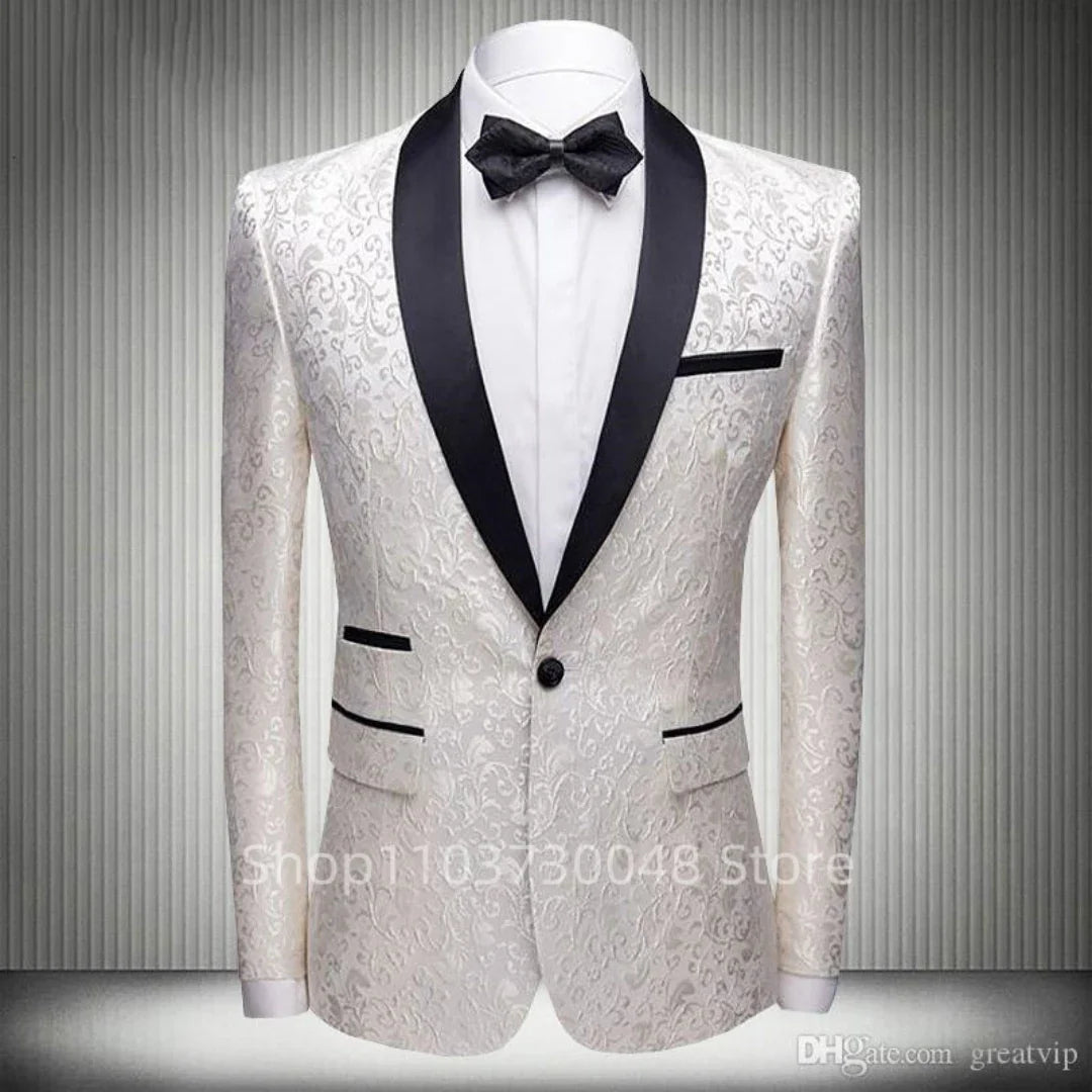 White Jacquard Men's Wedding/Business Blazer Slim Fit 1 Pcs Slim Fit Smoking Jacket Shawl Lapel Italian Style Fashion Suit Coat