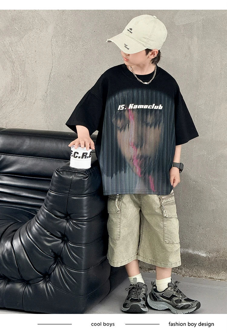 New Summer Korean Children Fashion Suit for Teen Boy Cotton Top And Bottom Set Kids Casual Tshirt Shorts 2PCS Clothing Set 7-16Y