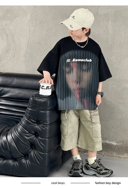 New Summer Korean Children Fashion Suit for Teen Boy Cotton Top And Bottom Set Kids Casual Tshirt Shorts 2PCS Clothing Set 7-16Y