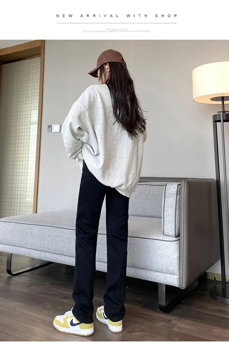 Black 2024 Winter Straight Fleece Jeans Women Casual Vintage Warm Thick Loose High Waist Elastic Velvet Denim Pants