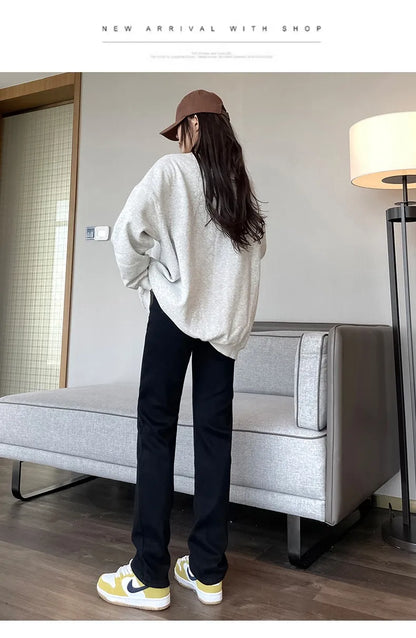 Black 2024 Winter Straight Fleece Jeans Women Casual Vintage Warm Thick Loose High Waist Elastic Velvet Denim Pants