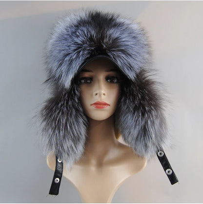 100% Real Fox Fur Hat Women's Russian Ushanka Aviator Trapper Snow Skiing Hat Caps Earflap Winter Raccoon Fur Bomber Hat