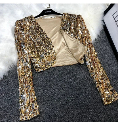 Street Fashion Joker Short Edition Sequins Small Suit Sparkling Bead Piece Suit Small Jacket Tank Top Jazz Dance Performance