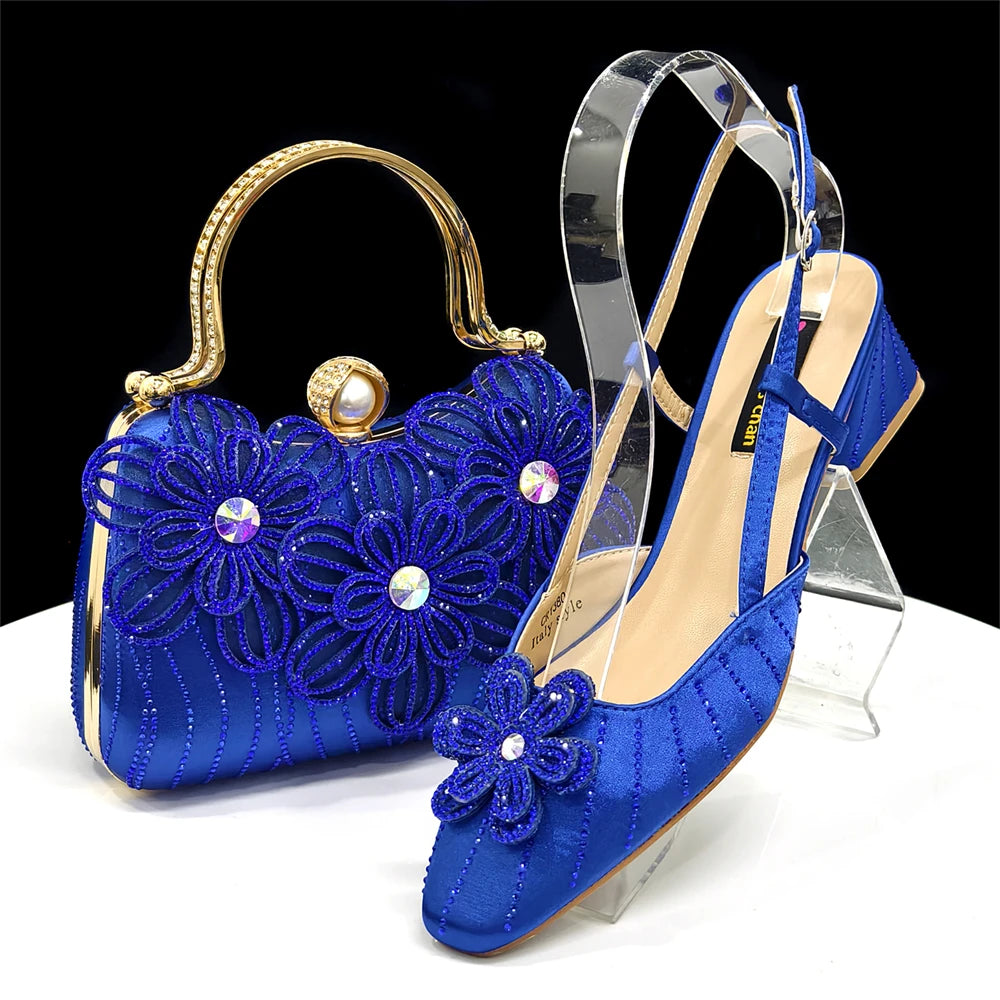 2026 Elegant Gold Color Women's Heels Handbag Set Rhinestone Embellished Designer Shoes for Weddings Special Events