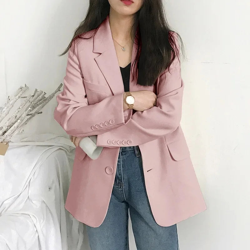 Elegant Casual Loose Long Sleeve Women's Small Suit Jacket Korean Style Spring Autumn Chic Polyester Fiber Button Decoration