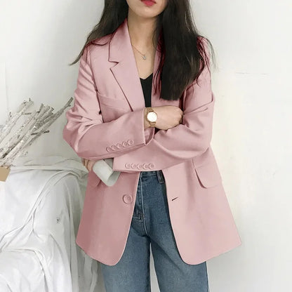 Elegant Casual Loose Long Sleeve Women's Small Suit Jacket Korean Style Spring Autumn Chic Polyester Fiber Button Decoration