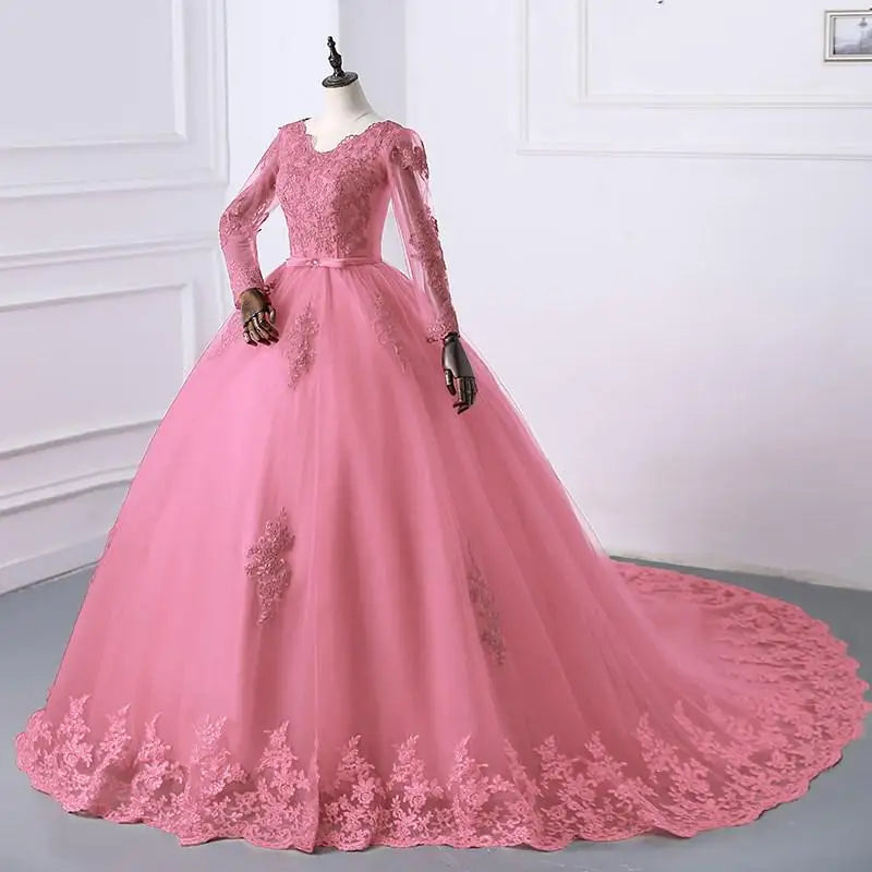 Best Selling 2024 Long Sleeve V Neck Lace Wedding Dress 2026 Vintage Bride Bridal Ball Gown Modest Wedding Dresses  Customized