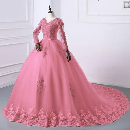 Best Selling 2024 Long Sleeve V Neck Lace Wedding Dress 2026 Vintage Bride Bridal Ball Gown Modest Wedding Dresses  Customized