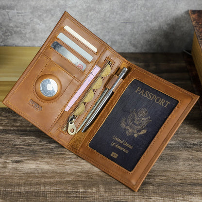 Genuine Leather Passport Wallet Card Holder Coin Purse AirTag Slot Men Travel Wallet Women‘s Purse Passport Cover Bag