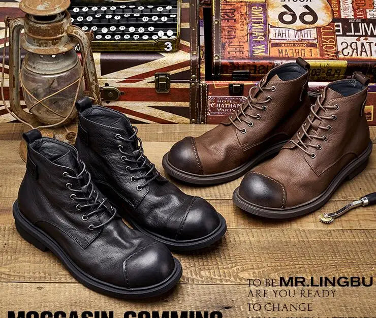 Spring Autumn New British Style Retro Genuine Cow Leather Men Ankle Short Motorcycle Boots Winter Plush Vintage Luxury Shoes 304