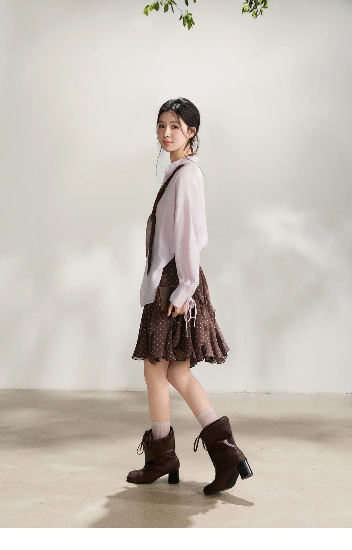 Women's Asymmetric V Neck Shirts 2026 Spring Lapel Casual Loose Tie Cuffs Solid Shirt with Polka Dot Ribbon MXF108X1002