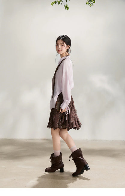 Women's Asymmetric V Neck Shirts 2026 Spring Lapel Casual Loose Tie Cuffs Solid Shirt with Polka Dot Ribbon MXF108X1002