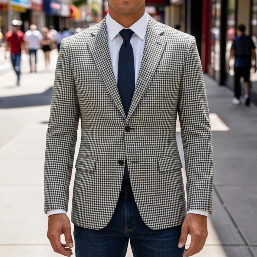Plaid Men Blazer for Casual Party 1 Piece Slim Fit Suit Jacket Side Slit Houndstooth Check Style Notched Lapel Male Fashion Suit