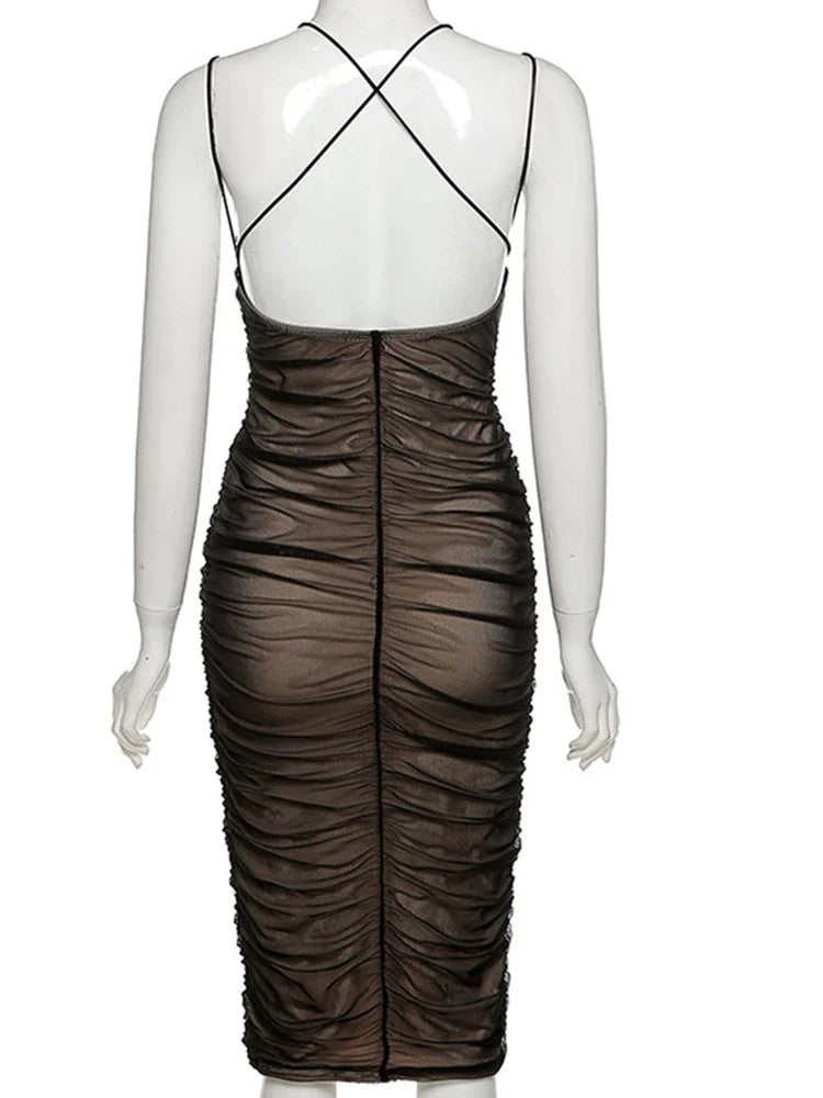 2025 Sexy Mesh Pleated Long Prom Dresses For Women's Clothing Solid Color Beach Party Wear Midi Wrap Dress Street Outfit