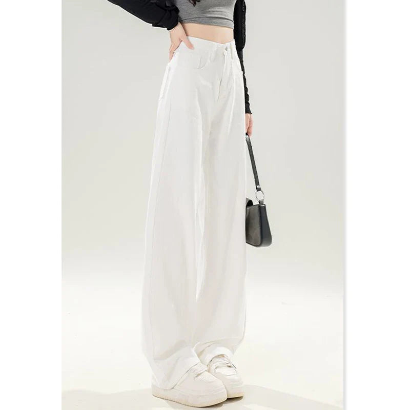 Lady Korean Fashion High Waist Jeans Pants Women Loose Fit Denim Trousers Girls White Casual Straight Leg Pants