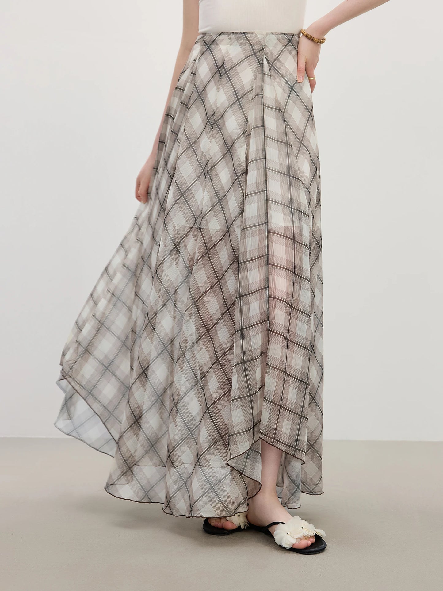 Women's Summer 2025 New Arrival Irregular A-line Hem Plaid Skirt Flowing Relaxed Fit Skirts 25FS12713