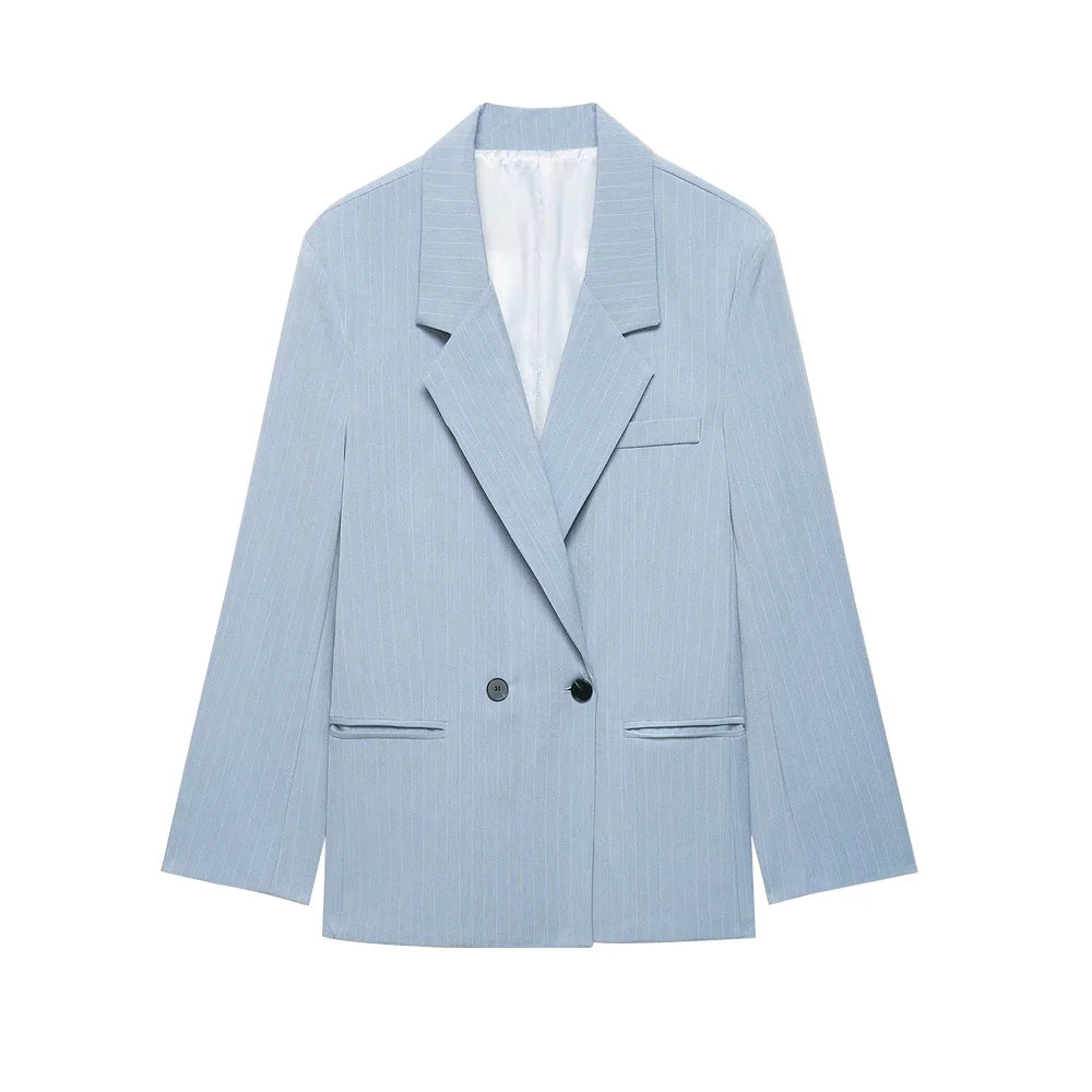 Women's Old Money Style Ovesized Striped Blazer Coat Long Sleeve Front Pockets Chic Oversize Top Female Outerwear