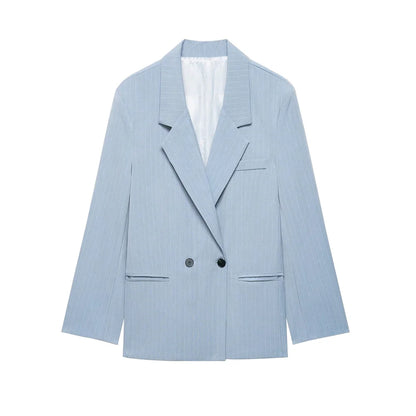 Women's Old Money Style Ovesized Striped Blazer Coat Long Sleeve Front Pockets Chic Oversize Top Female Outerwear