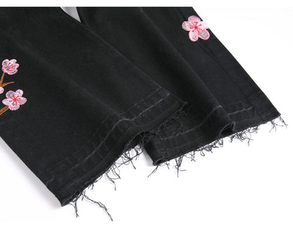 Men Sakura Embroidery Denim Jeans Streetwear Boot Cut Pants Released Hem Flared Trousers with Ripped And Cherry Blossom Design