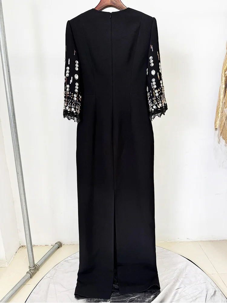 HIGH STREET Newest Fashion 2026 S/S Designer Vestido Women's Half Sleeve Stunning Beaded  Long Maxi Dress