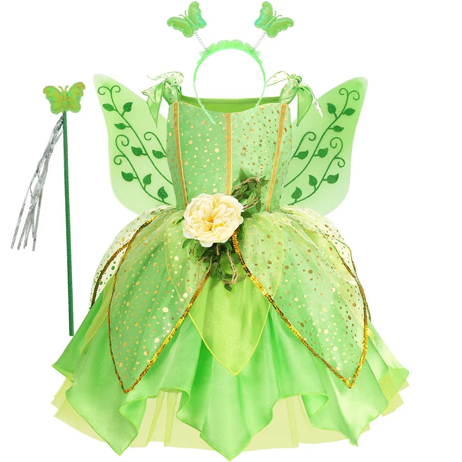 Girls TinkerBell Costume Halloween Costume Green Fancy Dress Fairy Princess Cosplay Carnival Party Costume