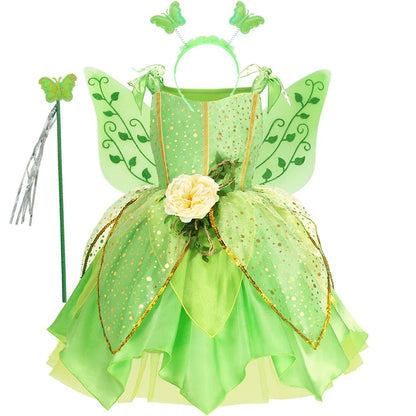 Girls TinkerBell Costume Halloween Costume Green Fancy Dress Fairy Princess Cosplay Carnival Party Costume