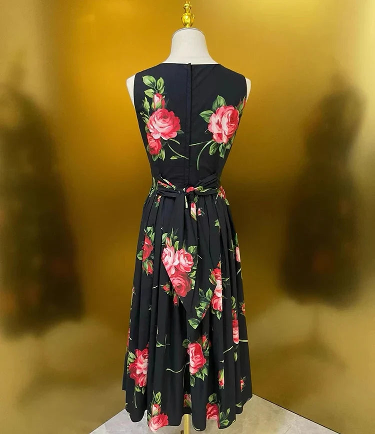 2026 Spring Women's New Fashion Round Neck Sleeveless Cotton Printed Tie a belt Waist cinching Dress