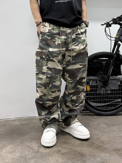 Vintage Camouflage Cargo Pants Men Tactical Multi Pocket Loose Fit Straight Leg Outdoor Casual High Quality Work Pants Trendy
