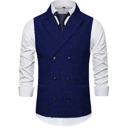 Men Vest Brown Herringbone Double Breasted Buckle Solid Business Casual Waistcoat Regular Slim Banquet Men Suit Vest