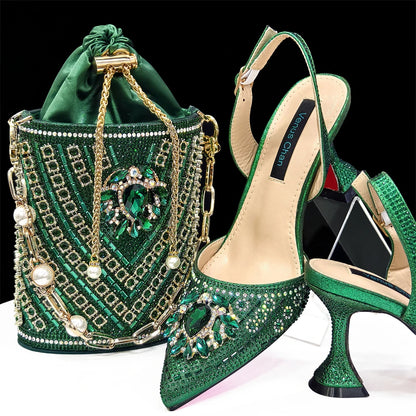 2024 Latest Wedding Pointed Toe Women's Shoes High Heel Black Color Rhinestones italian shoes and bags matching set