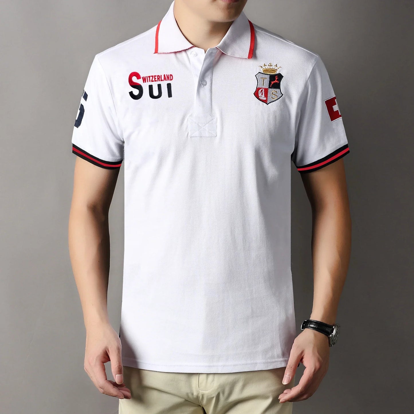 New Swiss polo shirts men short sleeved polo collars fashionable casual sporty high-end pure cotton micro elastic embroidery