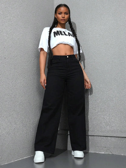 Retro Loose Wide Leg Jeans Fashion Women Solid Straight Wash High Elastic Waist Denim Pants Casual Streetwear Pocket Trousers
