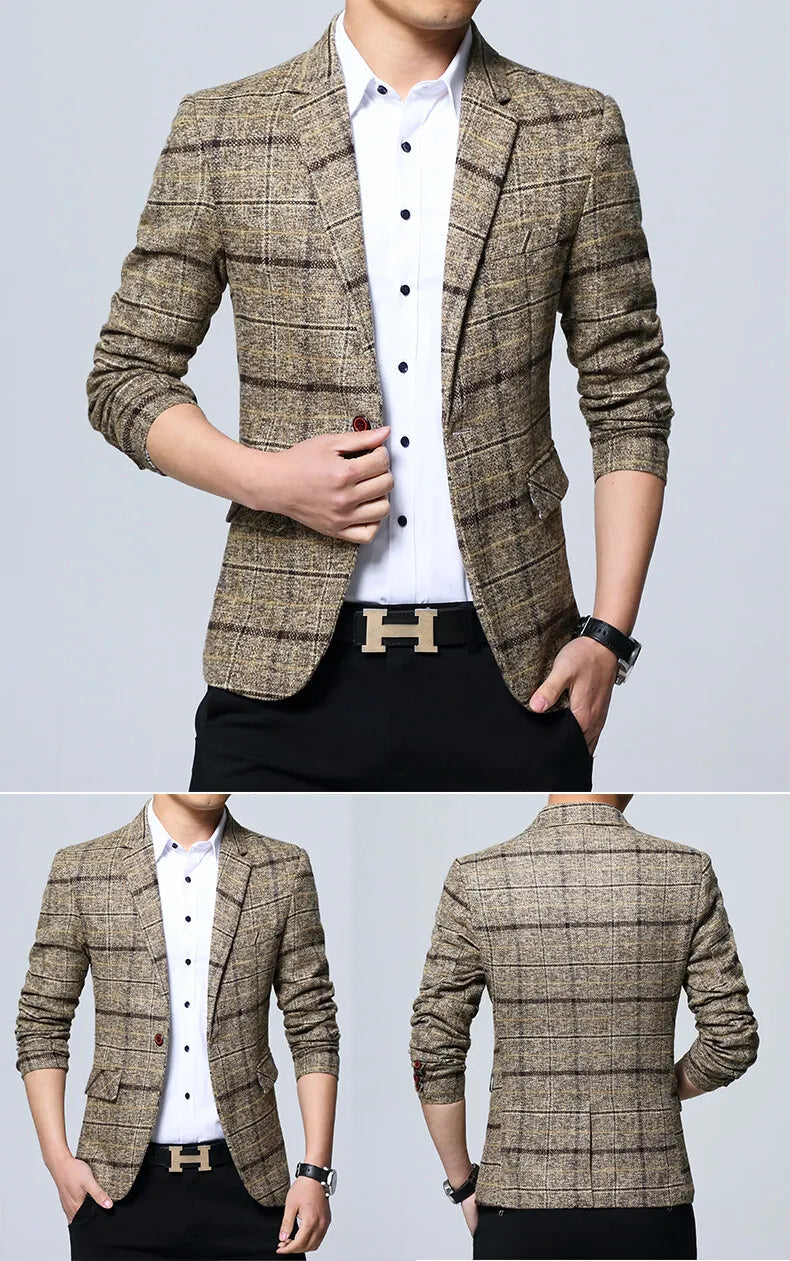 Men's Korean Style Spring Autumn Casual Small Suit Checkered Jacket Fitted Large Size Single Western Wear