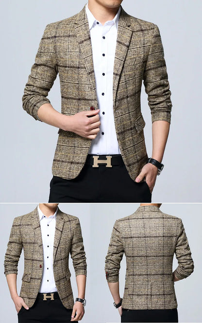 Men's Korean Style Spring Autumn Casual Small Suit Checkered Jacket Fitted Large Size Single Western Wear
