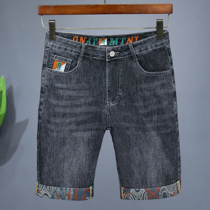 Summer New Men's Embroidered Denim Shorts Fashion Straight Slim Personality Streetwear Jeans Male Bermuda Male Short Pants