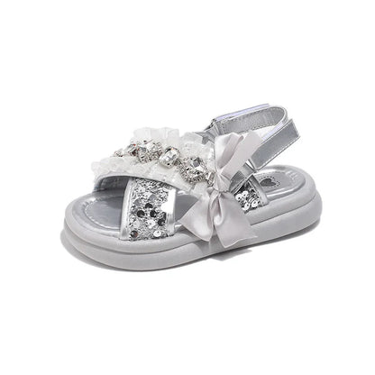 Kids Casual Shoes Fashion Sandals PU Leather Crystal Sequin Summer Shoes For Girls Breathable Silver Shoes Size 26-37