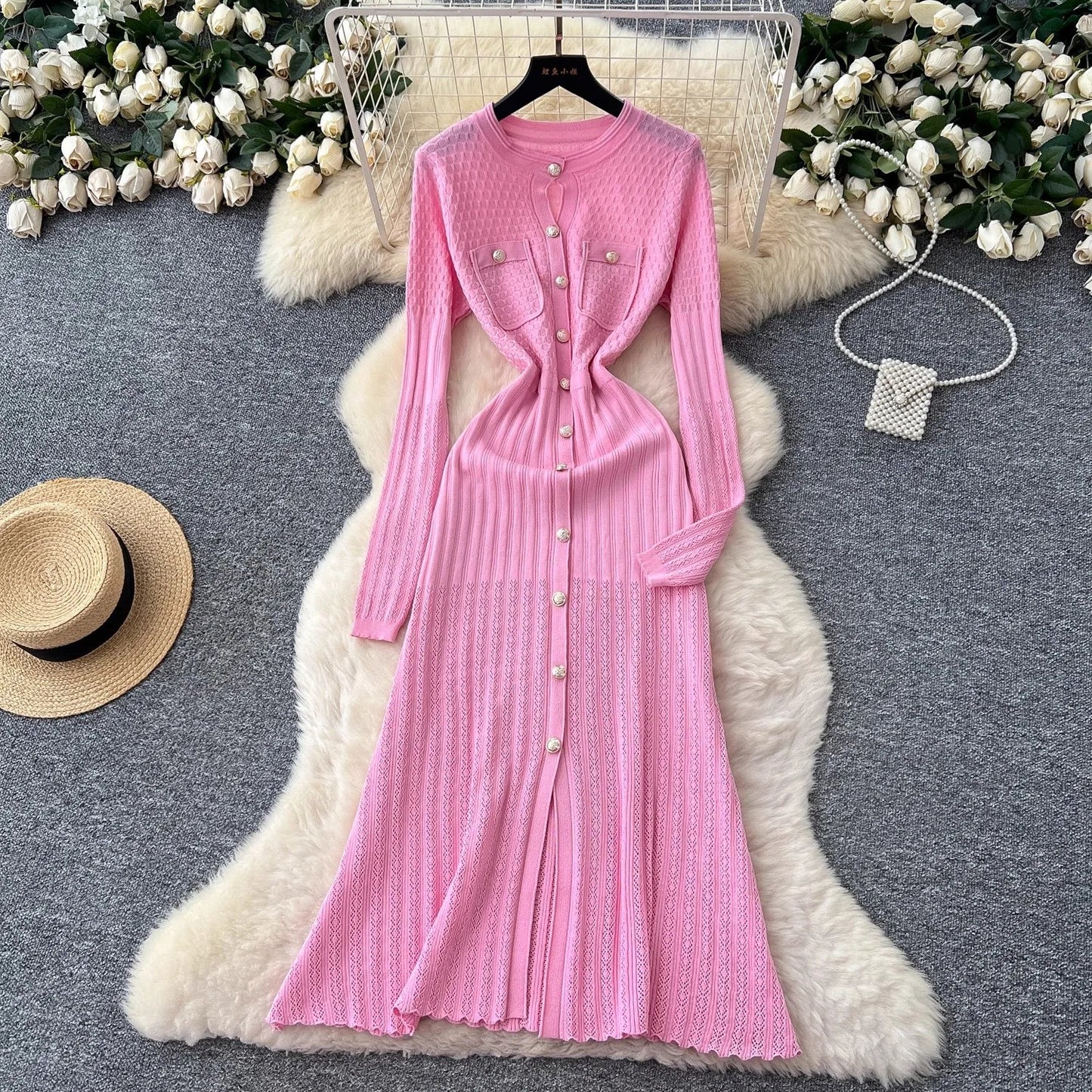 Brand Fashion Aesthetic Patchwork Knitted Maxi Dress Autumn Winter Women Luxury Shirt Sweater Dress Office Lady Vestido