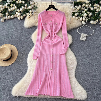 Brand Fashion Aesthetic Patchwork Knitted Maxi Dress Autumn Winter Women Luxury Shirt Sweater Dress Office Lady Vestido