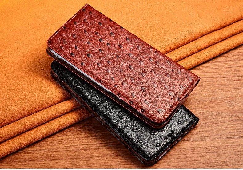 For iPhone 7 8 Plus X XS XR 11 12 13 14 15 16 Pro Mini SE 2020 Max OstrichPoint Genuine Leather Flip Case Wallet Funda Cover