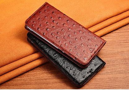 For iPhone 7 8 Plus X XS XR 11 12 13 14 15 16 Pro Mini SE 2020 Max OstrichPoint Genuine Leather Flip Case Wallet Funda Cover