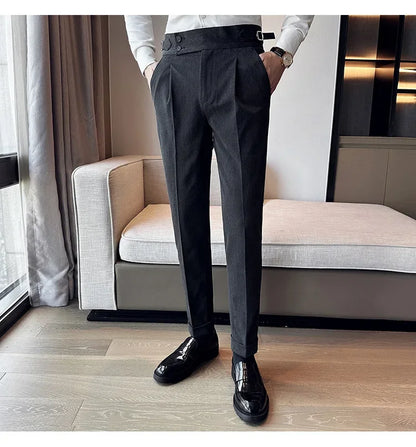 Autumn Winter High Waist Business Dress Pants Men Casual Belt Design Slim Suit Pants Formal Wedding Social Party Male Trousers