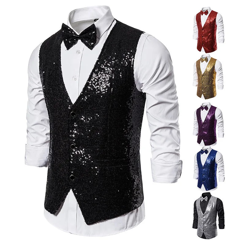 2026 Men's Shiny Gold Sequin Glitter Embellished Blazer Waistcoat Night Club Blazer Wedding Party Waistcoat Stage Singers Vest