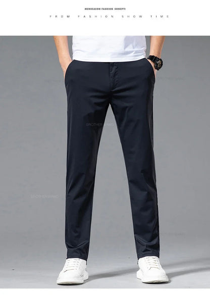 Ultra-thin Ice Silk Cool Men's  Casual Pants Summer New High Elasticity Quick-drying Drape Business Straight Trousers Black Gray