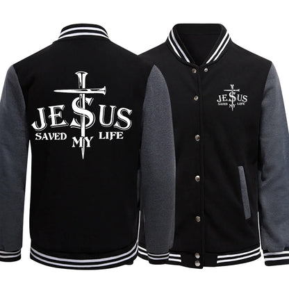 Jesus Saved My Life Letter Graphic Men'S Jackets Preppy Style Baseball Uniforms Casual S-5Xl High Street Motion Clothing